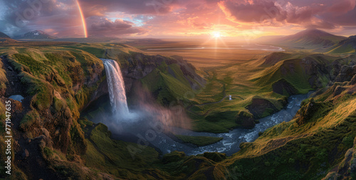 A panoramic view of the majestic nature of Iceland, showcasing cascading waterfalls and lush greenery under a vibrant sunset sky with rainbows