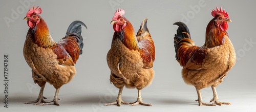 3 different chicken poses on a white background: a front view, side view, and back view. Full body shots photographed in a realistic and high resolution.