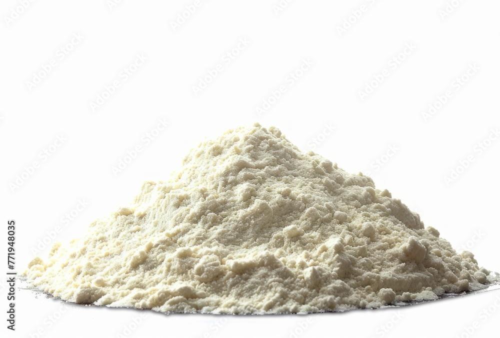 A pile of flour isolated on a white background with a clipping path, in a closeup view. A studio shot banner for commercial use. A pile of flour isolated on a white background with a clipping path, in a closeup view. A studio shot banner for commercial use.