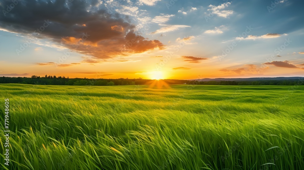 A field of green grass with the sun setting behind it. Golden Hour Landscape with Green Field
