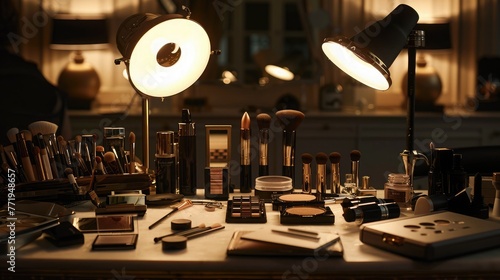 Illuminated by soft studio lights, an ensemble of beauty tools and cosmetics adorn the table, awaiting the deft touch of a crop makeup artist's expertise. photo
