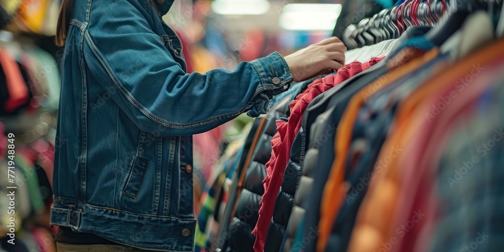 A person shopping at a thrift store to save money on clothing