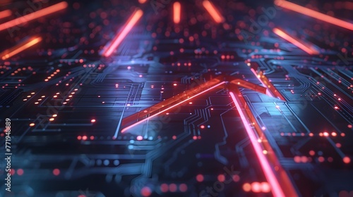 Neon-Lit 3D Arrow Navigating Through Sleek Digital Realm with Luminous Trajectory