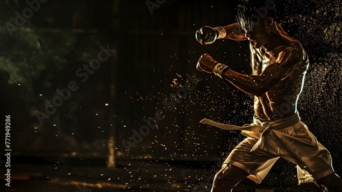 Powerful Martial Performing Intense Karate Moves in Dramatic Lighting