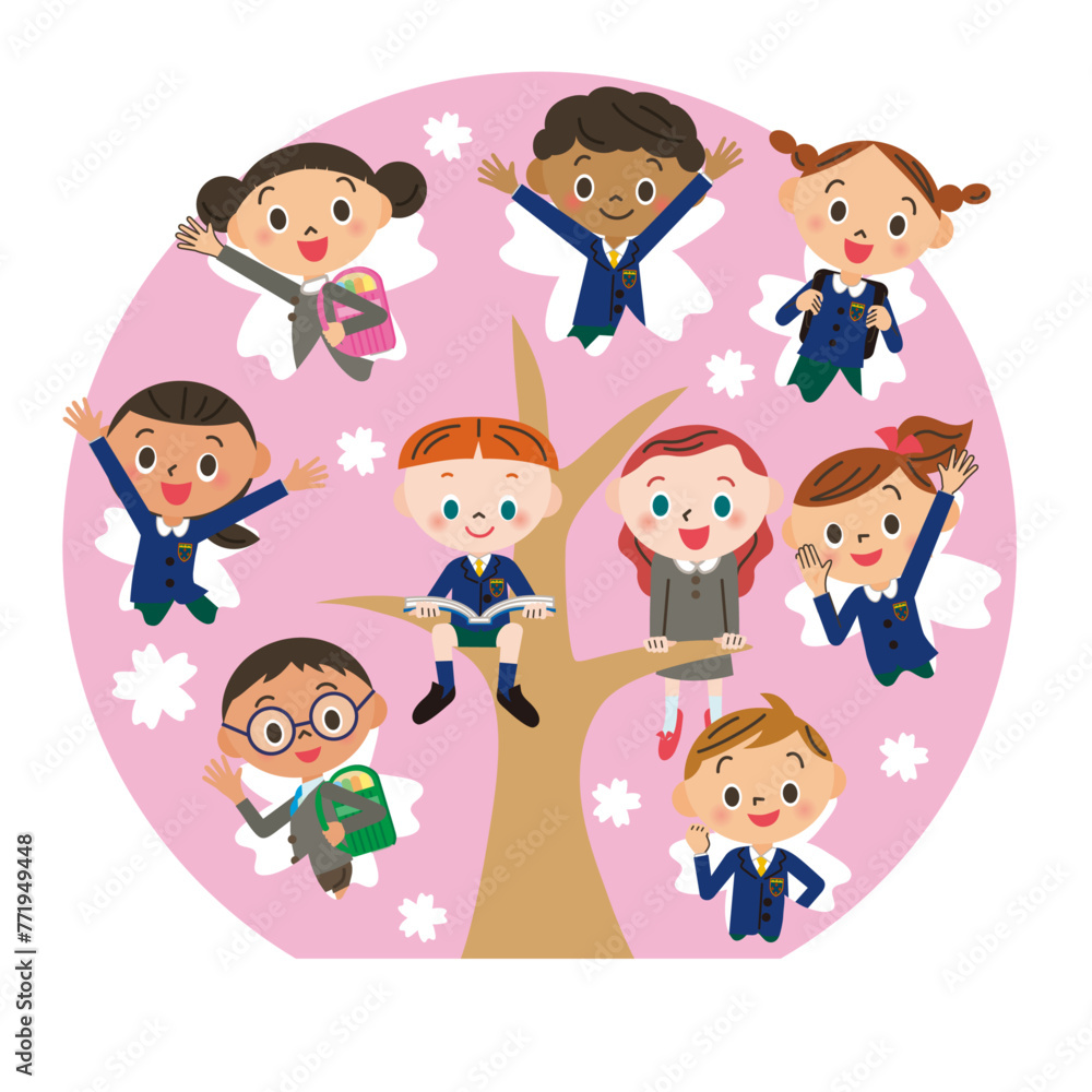 桜の樹の中から子供達がする新学イメージ