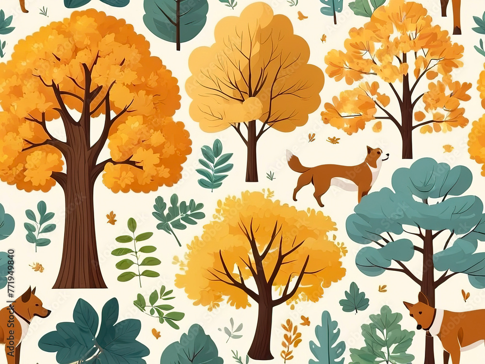 Seamless pattern with autumn trees and animals. Vector illustration.