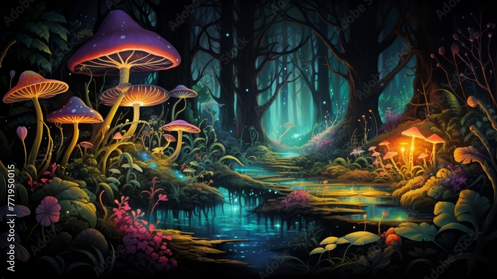 Mystical forest landscape with glowing mushrooms - A serene forest landscape, with vibrant glowing mushrooms around a mystical river, evokes a sense of otherworldly beauty