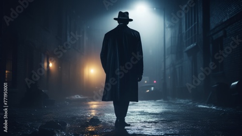 Mysterious figure in rainy alley - A moody image of a solitary figure standing in a rain-soaked alley  light casting long shadows