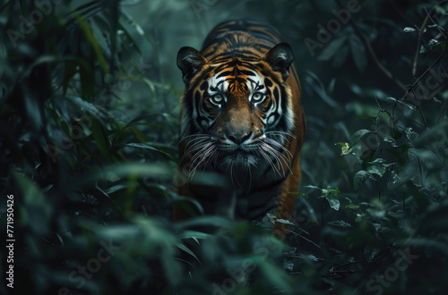 A tiger walking through the jungle, surrounded by dense fog and lush greenery