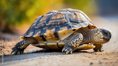 a tortoise in a close-up shot, its determined stride highlighted against a softly blurred background, showcasing the fascinating contrast between the slow-paced creature and the swift passage of time. © Sandaru Photography