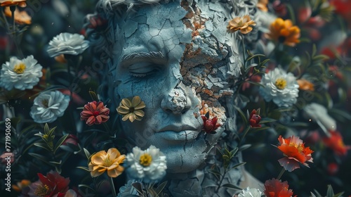 Conceptual illustration portraying the triumph of life over adversity. Broken human sculpture surrounded by blooming flowers, representing resilience and hope.