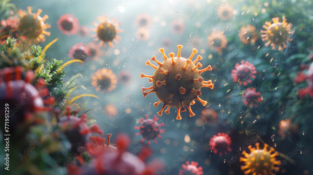 Fototapeta premium A close up of a bunch of red and yellow viruses