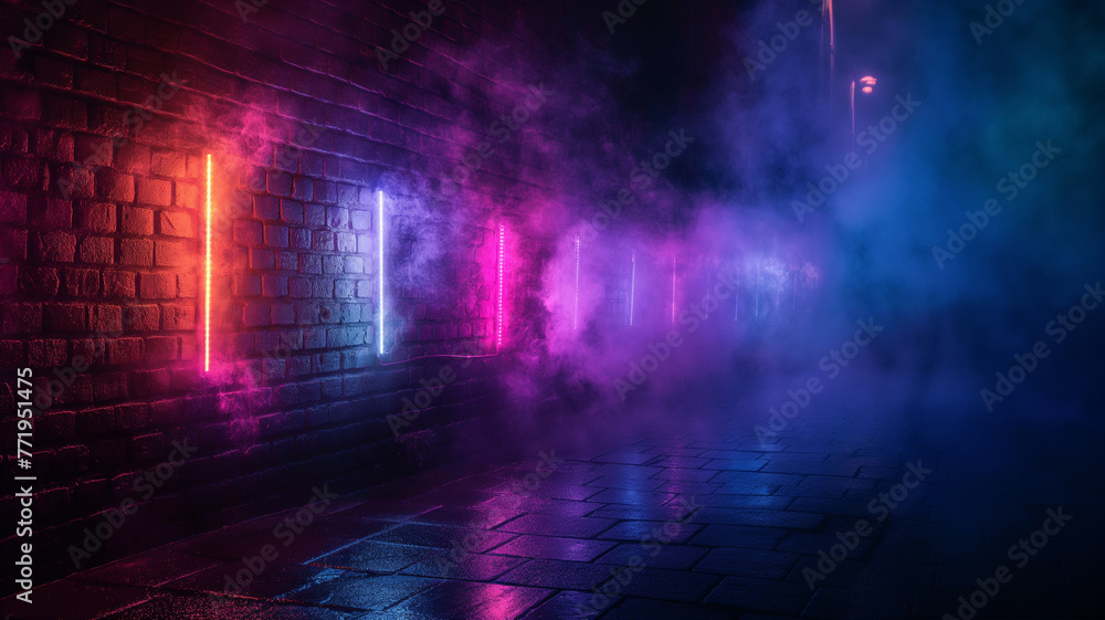 A neon sign is lit up in a dark alleyway A neon sign is lit up in a dark alleyway