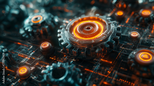 A close up of a machine with many gears and one of them is glowing orange
