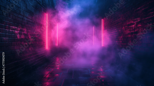 A dark room with a brick wall and a purple haze