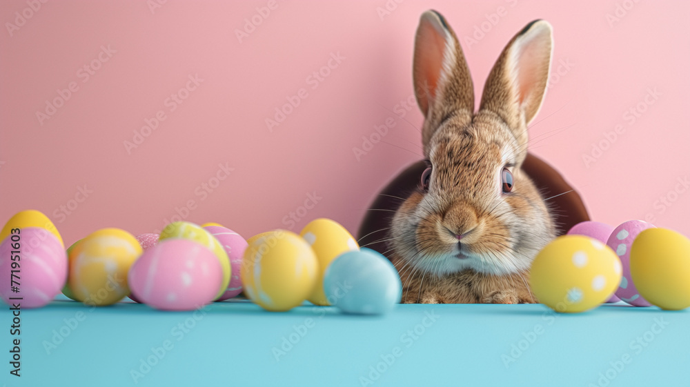 A rabbit is looking at a bunch of Easter eggs