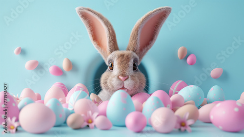 A rabbit is in a pile of Easter eggs