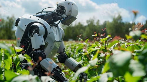 Innovative Agritech Robot Tending to Crops in a Lush,Sustainable Green Field