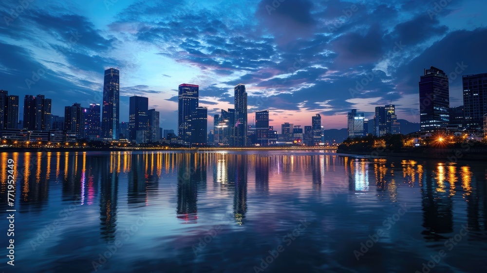 An elegant evening city skyline, lights reflecting on a calm river, skyscrapers silhouetted against a twilight sky, capturing urban beauty. Resplendent.