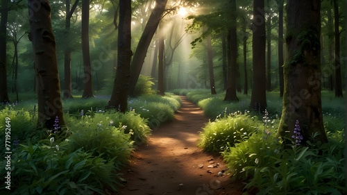 path in the woods Step into an enchanted realm where nature s wonders unfold in breathtaking splendor. Towering trees adorned with emerald leaves sway gently in the breeze  while shafts of golden sunl