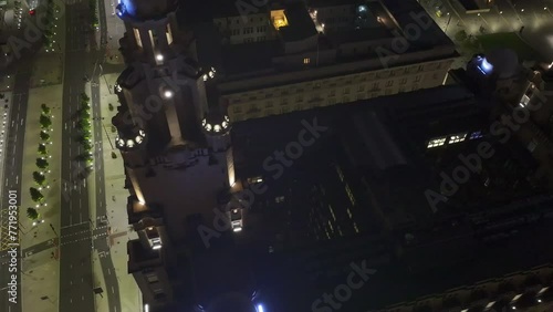 Hyperlapse drone footage of the Royal Liver Building illuminated at night in Liverpool, England, UK photo
