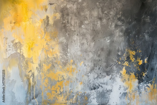 Large-format abstract art painting in shades of grey and yellow. Generative Ai