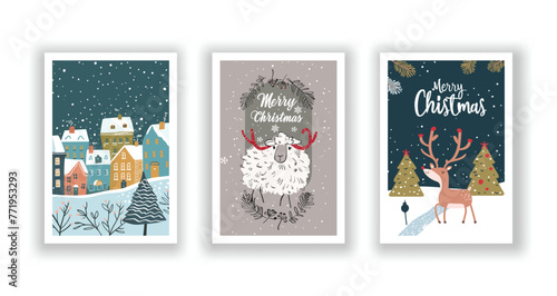 Hand-Drawn Christmas Greetings, Cute Flyers and Postcards with Minimalist Village, Sheep, Reindeer Background