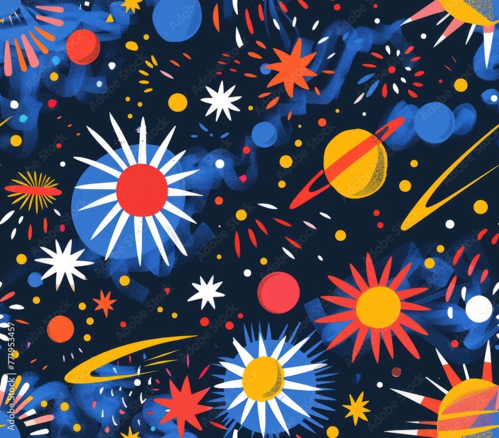 Vibrant space theme with stars and planets - This colorful illustration presents a dynamic space scene with various celestial bodies and energetic beams