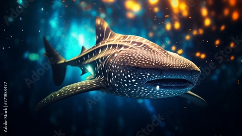 Whale Shark with a stunning light pattern - Second image showcases a Whale Shark, graceful, with light patterns creating a surreal underwater scene