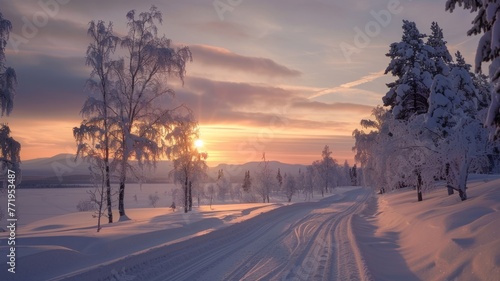 Winter landscape with snowy trees and sunrise - A tranquil winter landscape bathed in the soft glow of sunrise over snow-covered trees, depicting a serene stillness
