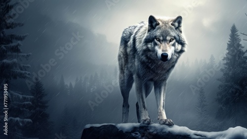 Wolf standing tall on a rocky outcrop in storm - A striking wolf defiantly stands on a rock ledge as a storm envelops the forest behind, symbolizing courage and resilience