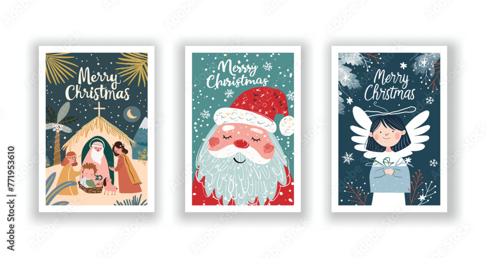 Hand-Drawn Christmas Greetings, Cute Flyers and Postcards with Minimalist Nativity Scene, Santa Claus, Angel Background