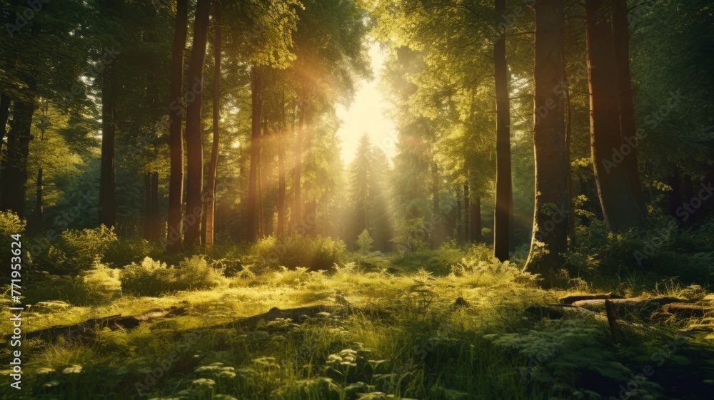 Sunlight piercing through a dense forest canopy - A serene forest scene with the sun's rays breaking through lush trees, illuminating the verdant undergrowth beneath