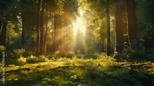 Sunlight piercing through a dense forest canopy - A serene forest scene with the sun's rays breaking through lush trees, illuminating the verdant undergrowth beneath