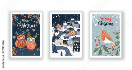 Hand-Drawn Christmas Greetings, Cute Flyers and Postcards with Minimalist Owl, Robin, Village Background