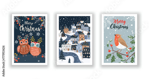 Hand-Drawn Christmas Greetings, Cute Flyers and Postcards with Minimalist Owl, Robin, Village Background © DesignerThc