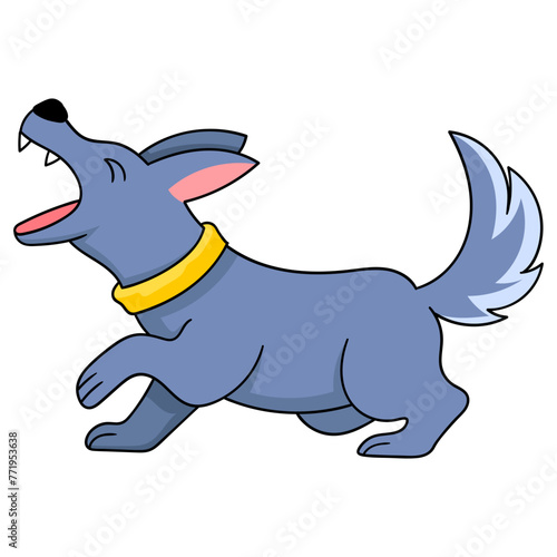 gray dog barking and inviting him to play
