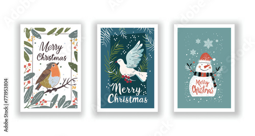 Hand-Drawn Christmas Greetings, Cute Flyers and Postcards with Minimalist Robin, Dove, Snowman Background