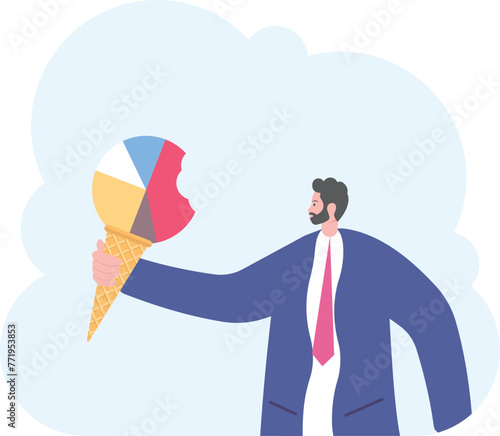 Business man hold ice cream cone in hand. Ice-cream in the form of diagram, and businessman take a nibble of it. Marketing concept. Vector, illustration, flat

