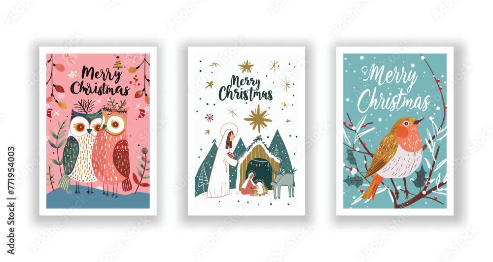 Hand-Drawn Christmas Greetings, Cute Flyers and Postcards with Minimalist Village, Angel, Snowman Background