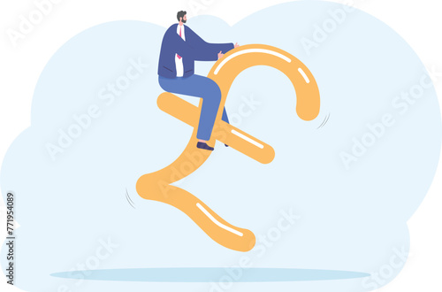 Businessman or manager and pound sterling .A man in a suit and with a briefcase in hand rides the pound sterling sign. Illustration, vector EPS10.

