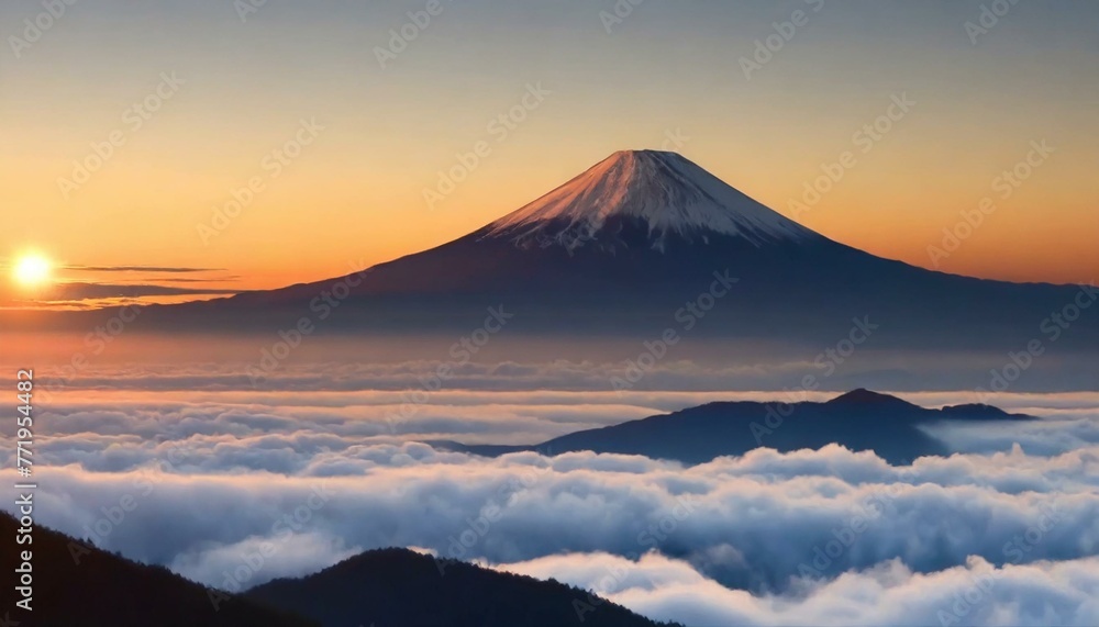 夕日に照らされた富士山と雲海