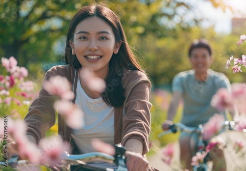 A young asian couple riding bicycles in a summer park, smiling and having fun together on a romantic date