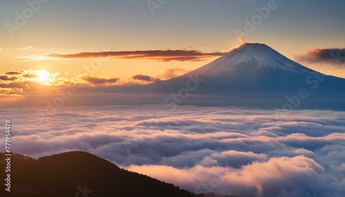 夕日に照らされた富士山と雲海