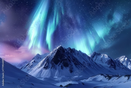 Aurora polar lights with snowy mountain landscape