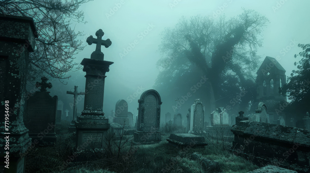 The cemetery in the forest is foggy. The cemetery in the forest is foggy.