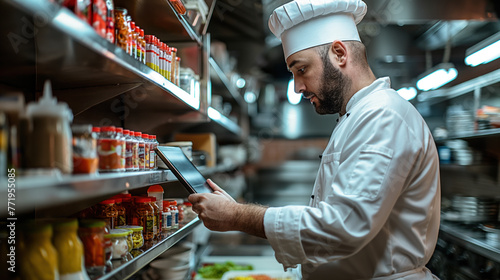 Professional Chef Using Tablet in Commercial Kitchen photo