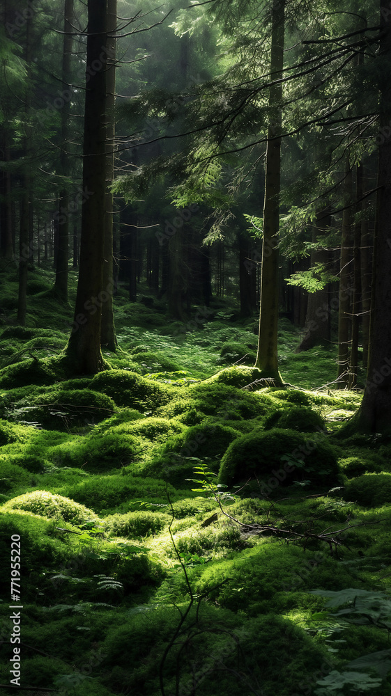 Sunlight filters through a serene forest, highlighting the lush, green moss-covered floor.