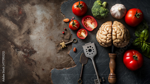 A creative still life of fresh vegetables and a brain model among vintage kitchen utensils. photo