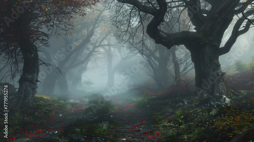 Forest Morning: Sunlight filtering through trees on a foggy path